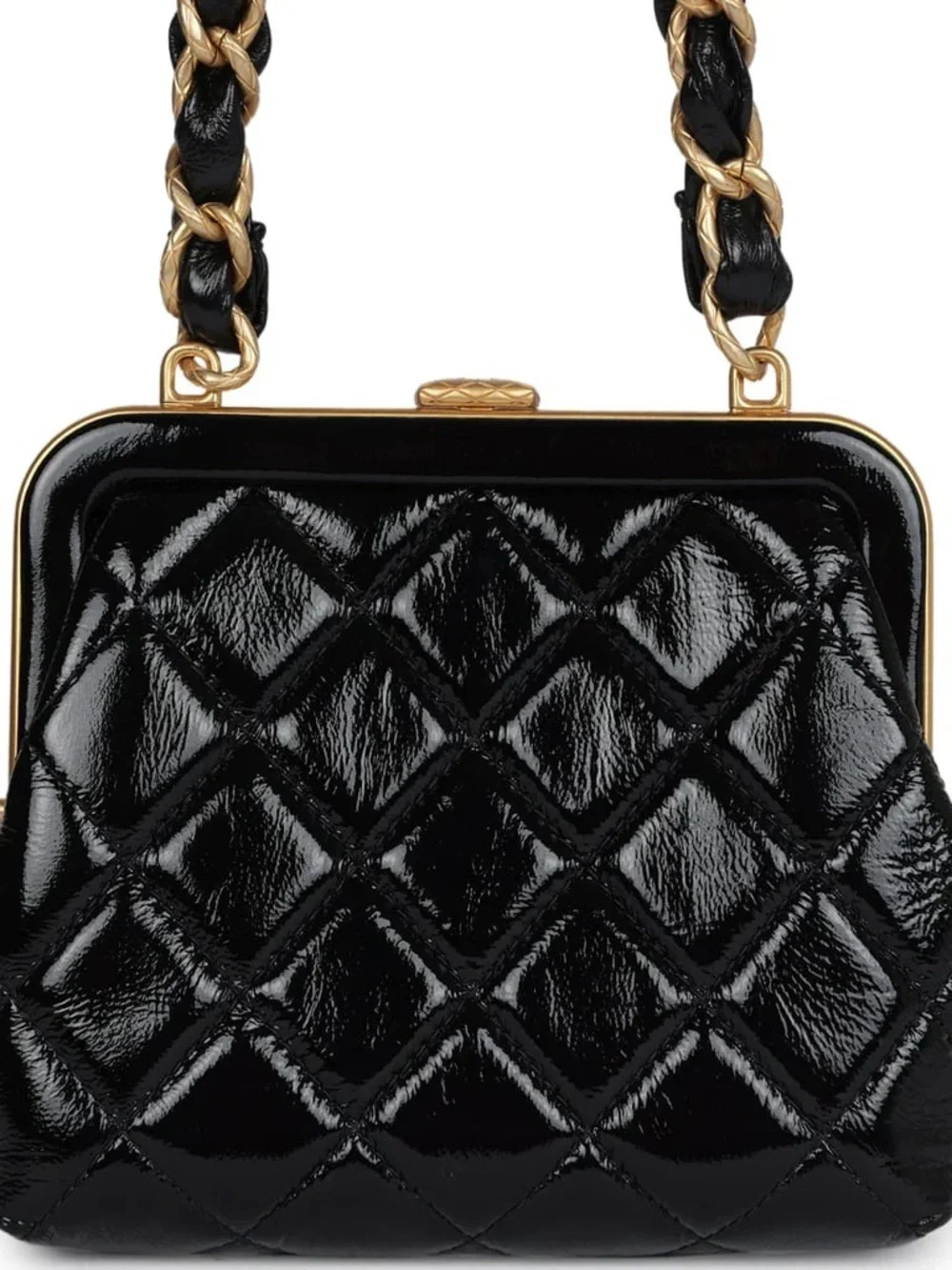 Authentic CHANEL mini pink bow black lambskin patent leather crossbody bag
